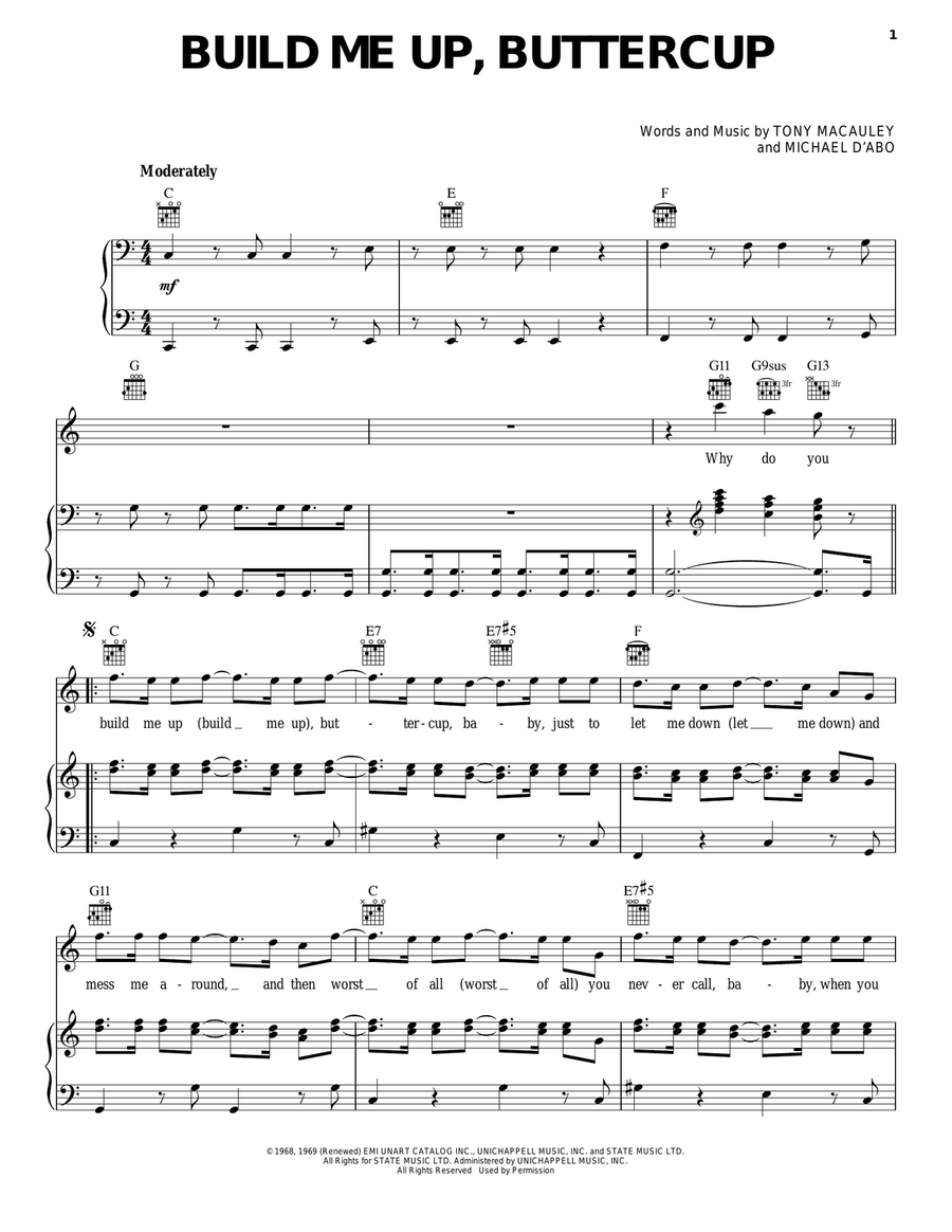 Build Me Up, Buttercup Piano, Vocal, Guitar scores gallery preview page 1