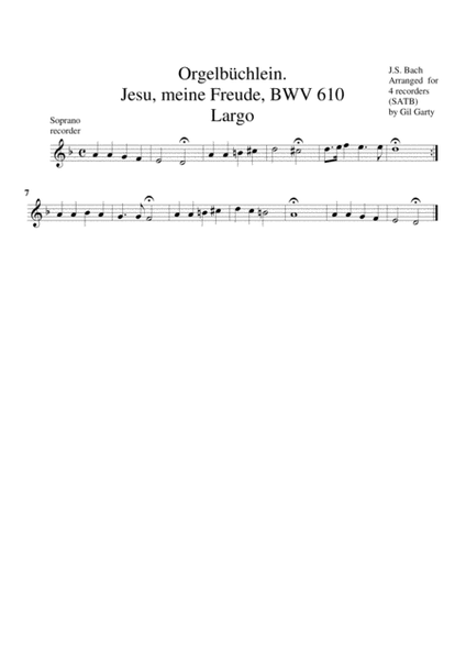Jesu, meine Freude, BWV 610 from Orgelbuechlein (arrangement for 4 recorders)