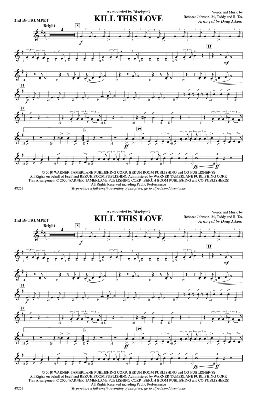 Kill This Love: 2nd B-flat Trumpet Marching Band scores gallery preview page 1