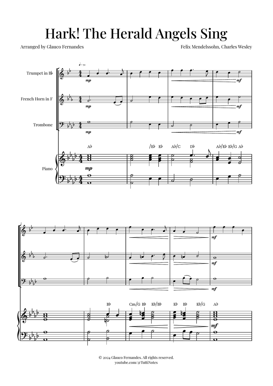 Hark! The Herald Angels Sing Trio Arrangement | Christmas Carol Sheet Music Brass Trio scores gallery preview page 1