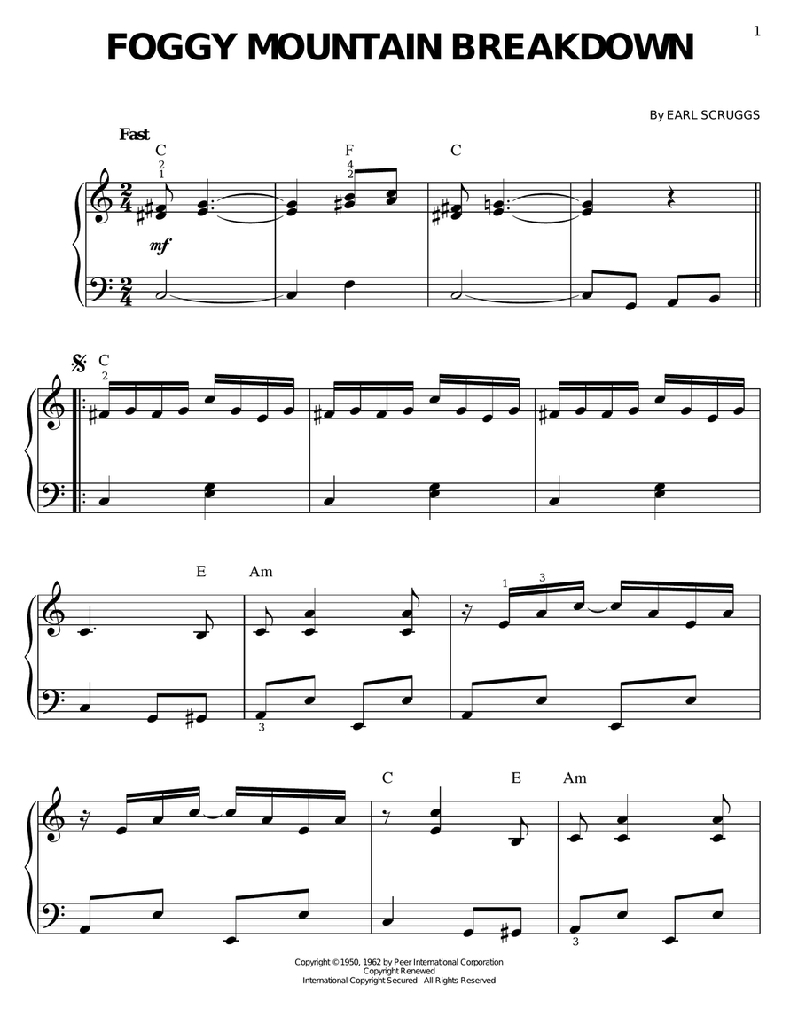 Foggy Mountain Breakdown Easy Piano scores gallery preview page 1