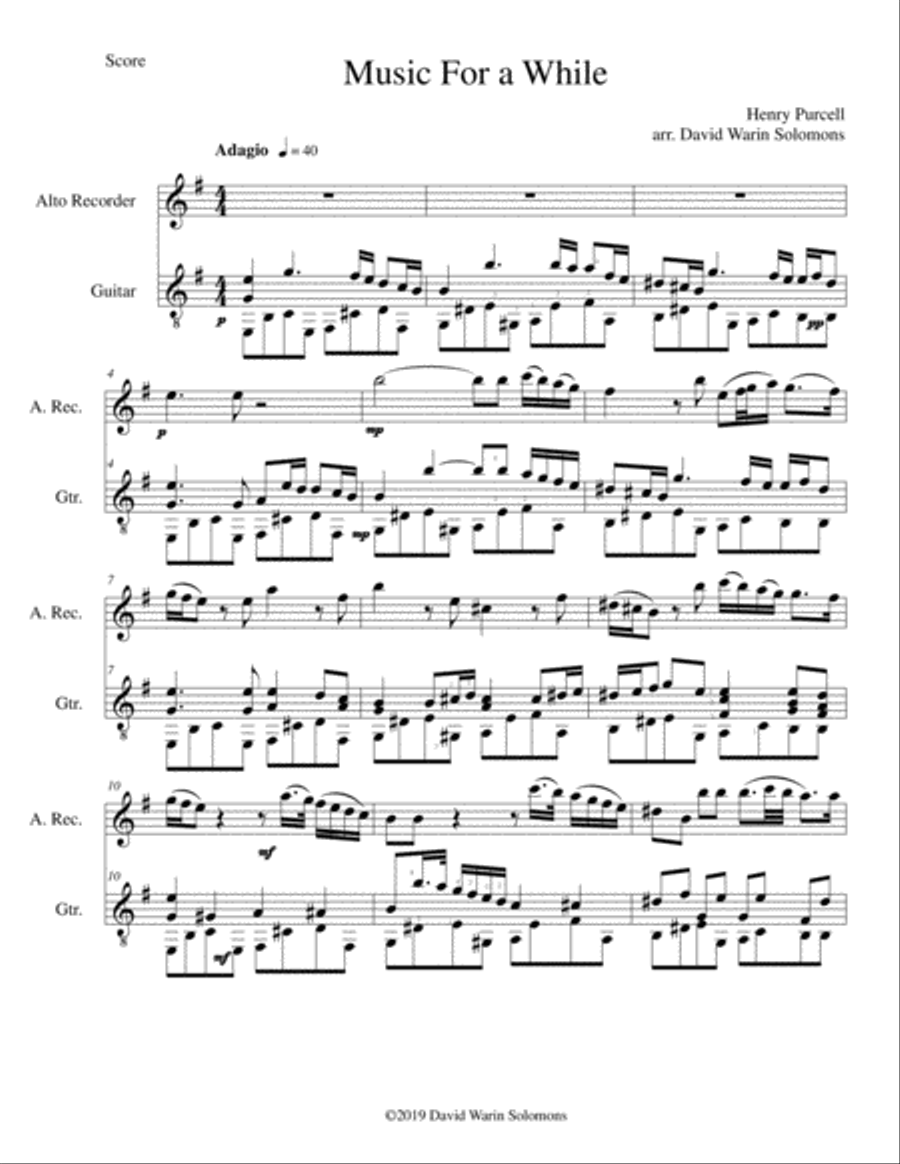 Music for a While for alto recorder and guitar Alto Recorder scores gallery preview page 1
