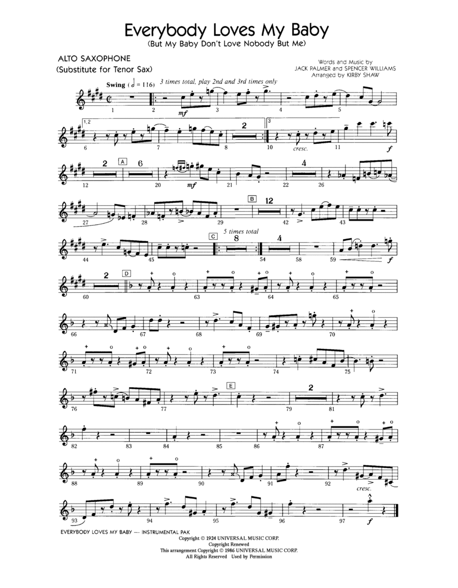 Everybody Loves My Baby (But My Baby Don't Love Nobody But Me) - Alto Sax (Tenor Sax Sub) Choir scores gallery preview page 1