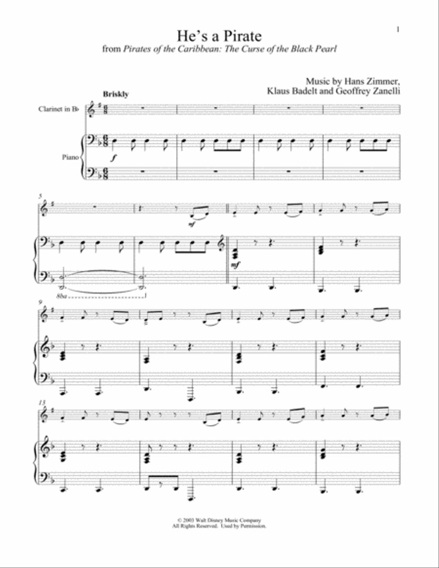 He's A Pirate (from Pirates Of The Caribbean: The Curse of the Black Pearl) Clarinet Solo scores gallery preview page 1