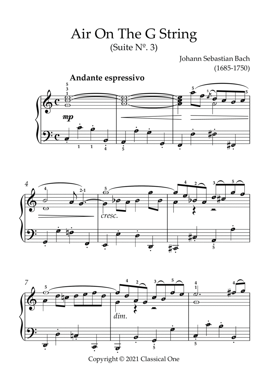 Bach, J.S. - Air on the G String(With Note name) Easy Piano scores gallery preview page 1