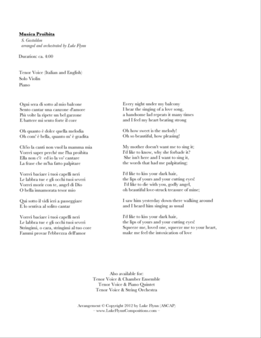 Musica Proibita for Tenor Voice, Violin, Piano Small Ensemble scores gallery preview page 2
