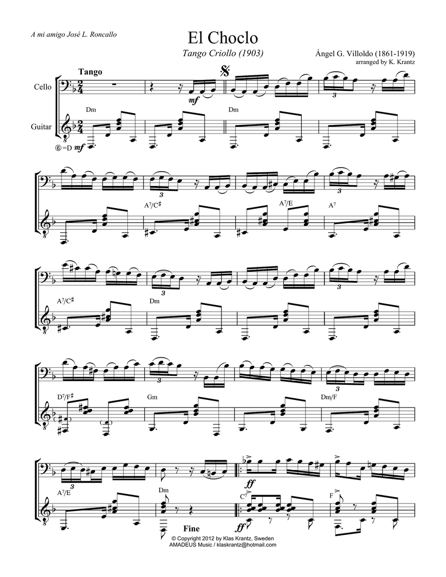 El choclo (tango) for cello and guitar (D Minor) String Duet scores gallery preview page 2