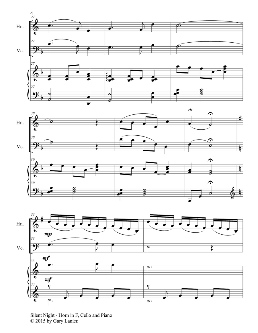 Gary Lanier: SILENT NIGHT (Trio – Horn in F, Cello & Piano with Score & Parts) Small Ensemble scores gallery preview page 5