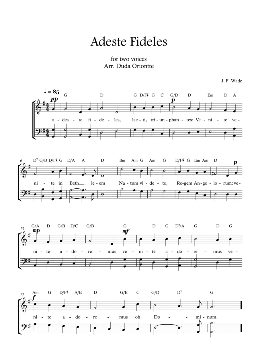 Adeste Fideles (two mixed voices - G major - 2 staffs - no piano - with chords) O Come All Ye Faiful 2-Part scores gallery preview page 1