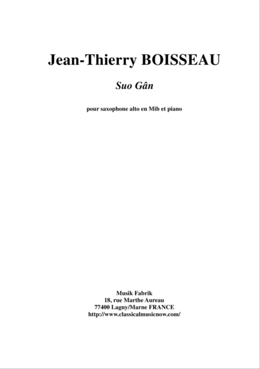 Traditional Welsh Lullaby: Suo Gân, arranged for Eb alto saxophone and piano by Jean-Thierry Boissea Alto Saxophone scores gallery preview page 1