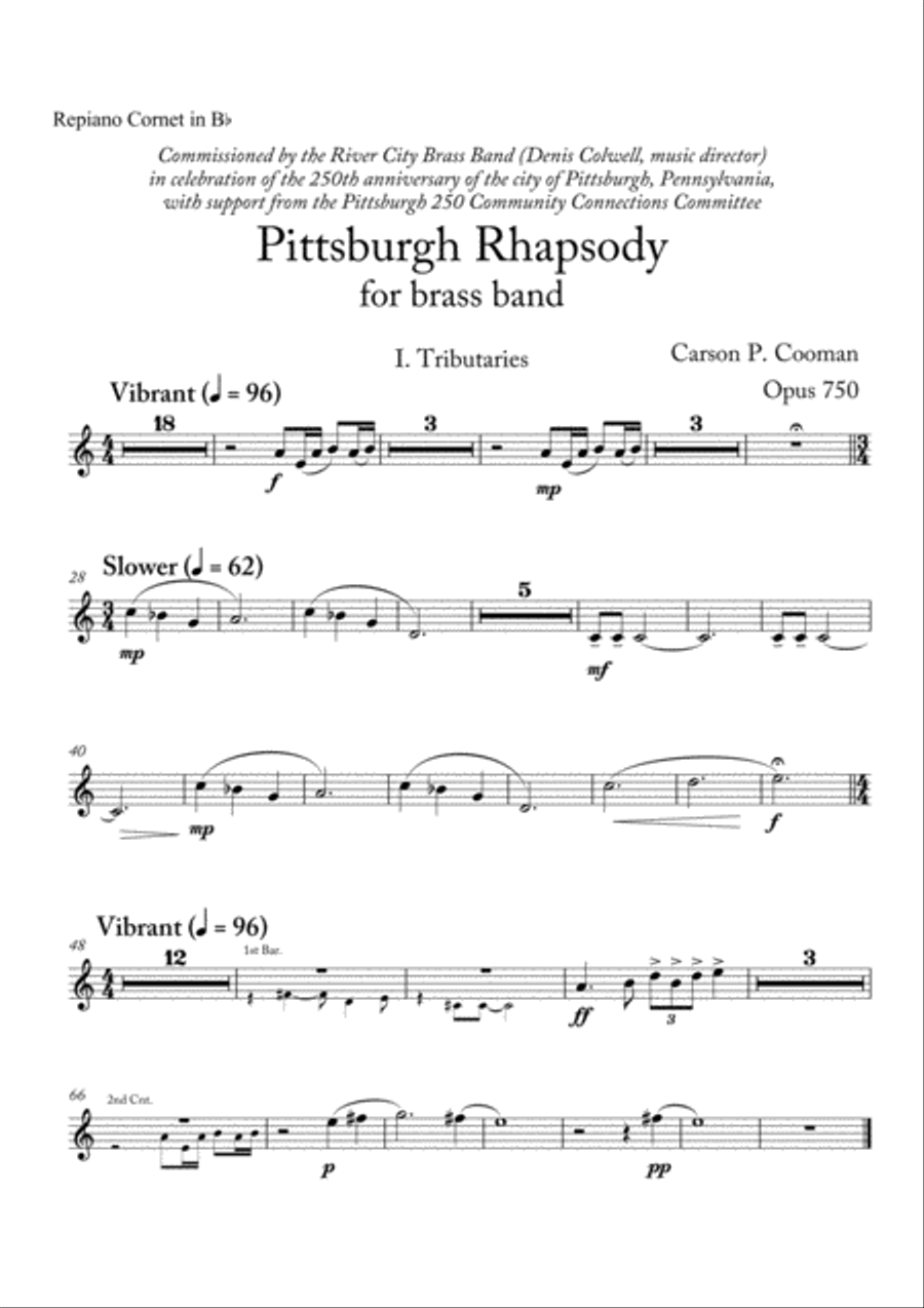 Carson Cooman: Pittsburgh Rhapsody (2008) for brass band, repiano cornet part Brass Band scores gallery preview page 1