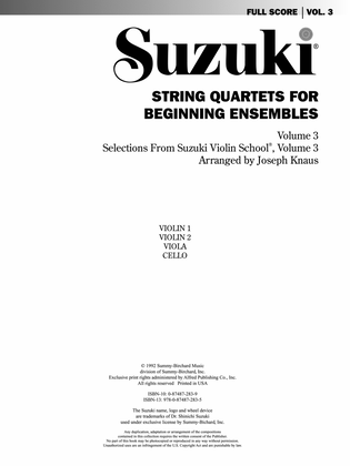Book cover for String Quartets for Beginning Ensembles, Volume 3: Score