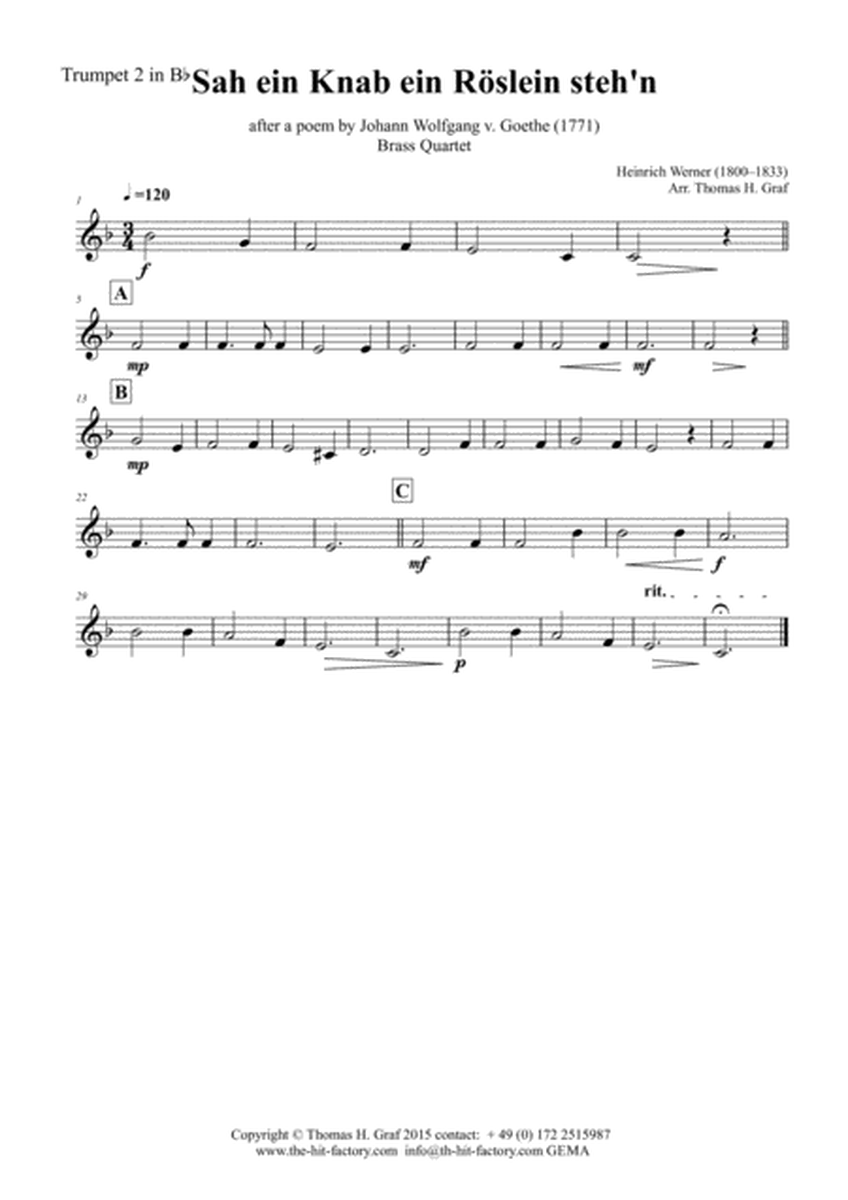 Sah ein Knab ein Roeslein stehn - German Folk Song - Brass Quartet image number null