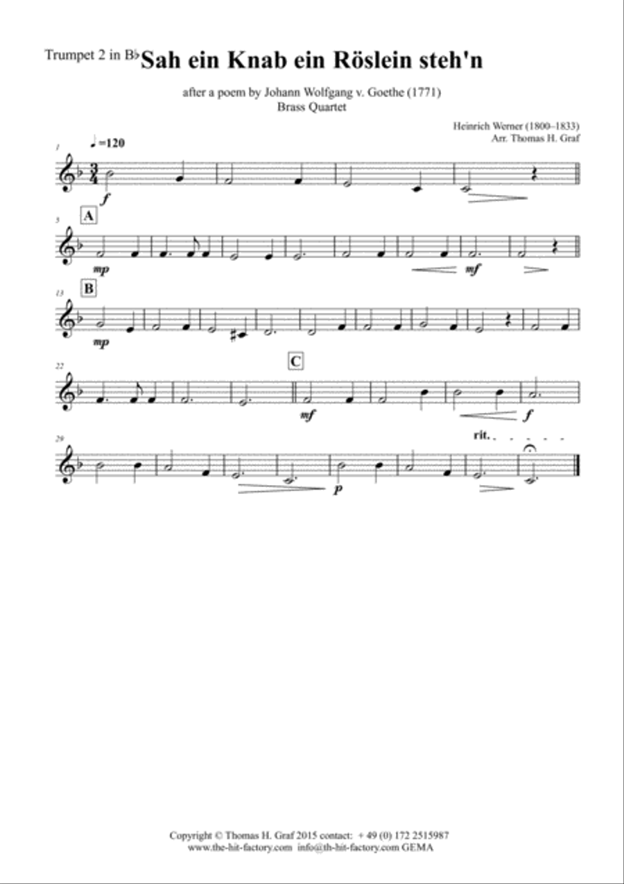 Sah ein Knab ein Roeslein stehn - German Folk Song - Brass Quartet Brass Quartet scores gallery preview page 3
