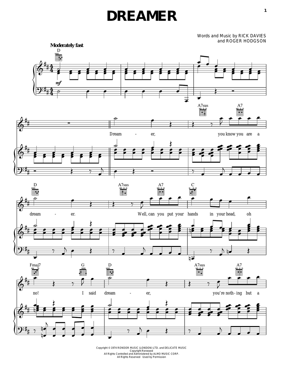 Dreamer Dreamer Piano, Vocal, Guitar scores gallery preview page 1