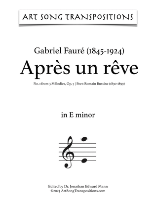 Book cover for FAURÉ: Après un rêve, Op. 7 no. 1 (transposed to E minor, E-flat minor, and D minor)