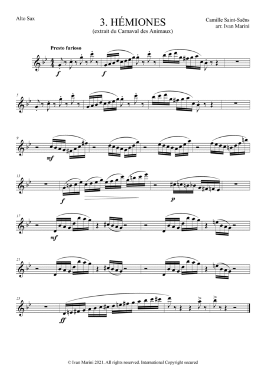 THE CARNIVAL OF THE ANIMALS for Saxophone Quartet - 3. Hémiones (Wild Asses) Saxophone Quartet scores gallery preview page 3