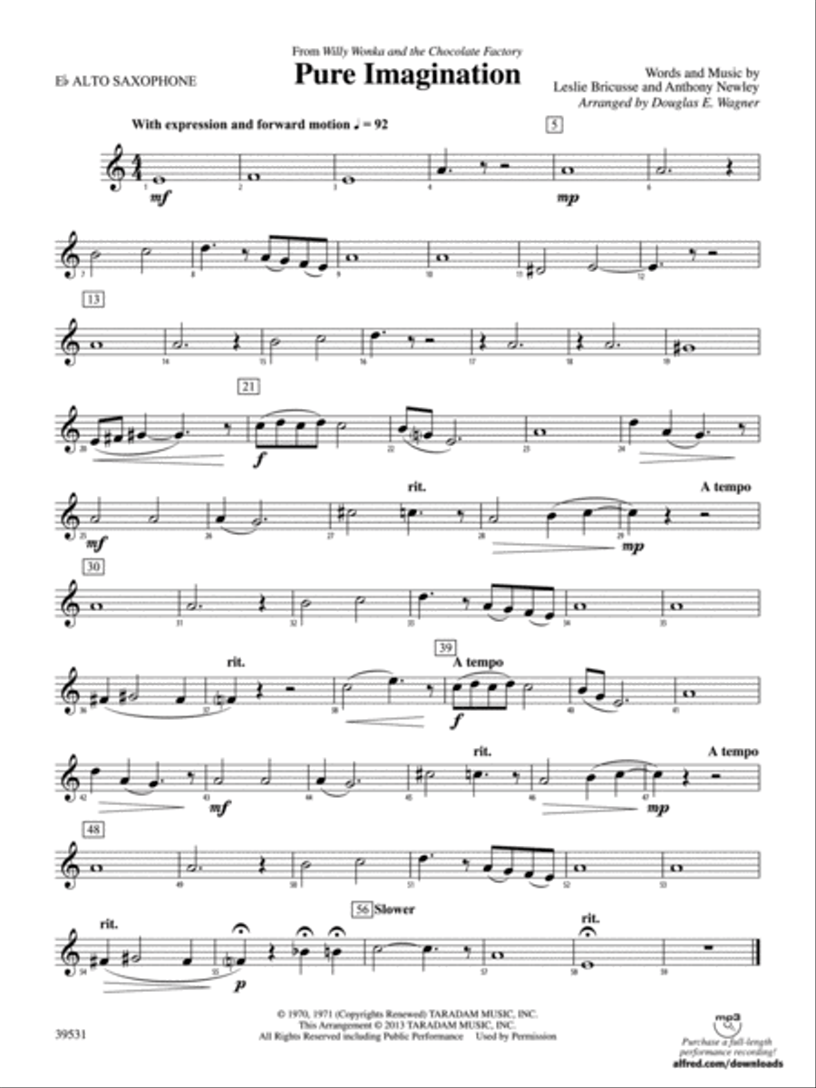 Pure Imagination (from Willy Wonka and the Chocolate Factory): E-flat Alto Saxophone Concert Band scores gallery preview page 1