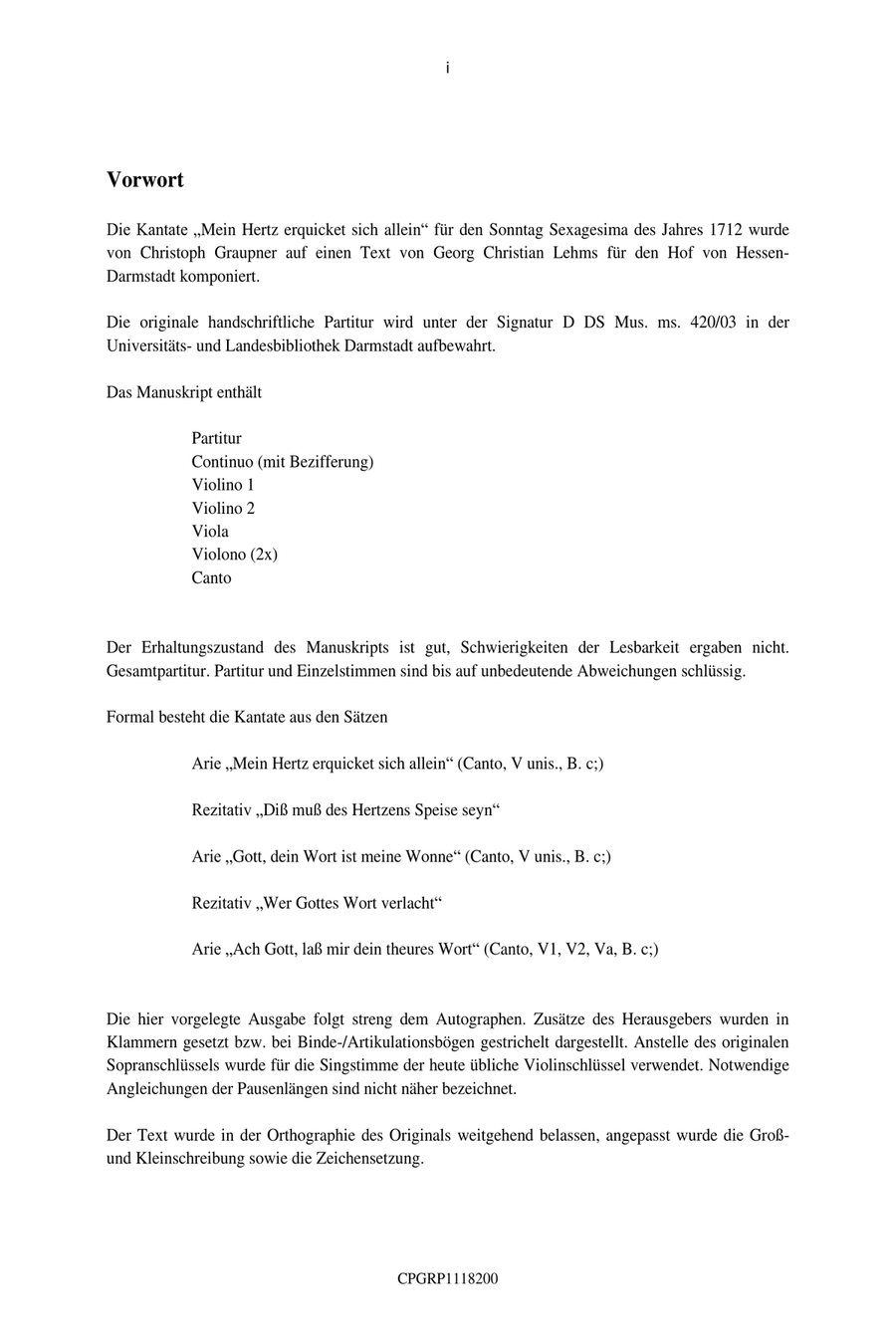Graupner Christoph Cantata Mein Hertz erquicket sich allein GWV 1118/12b image number null