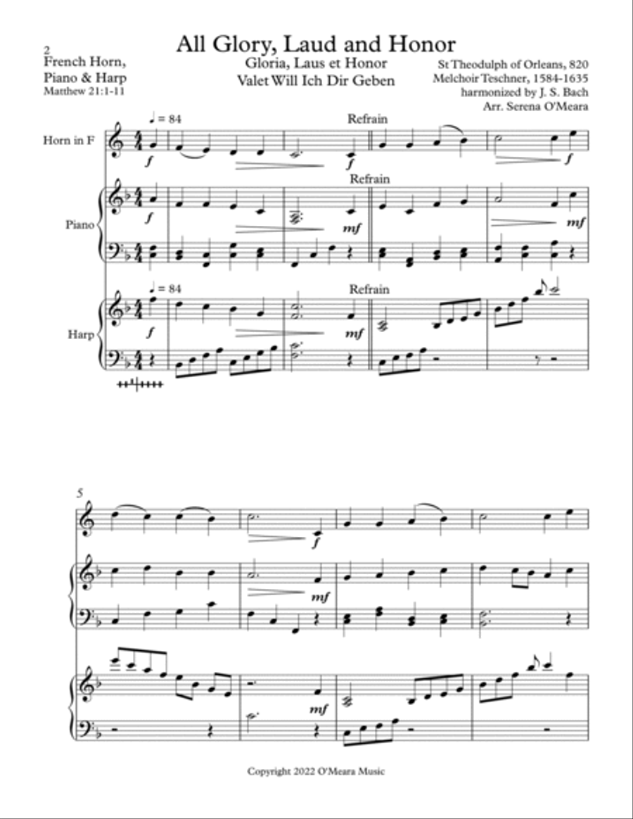 All Glory, Laud and Honor Trio for French Horn, Harp and Piano Horn scores gallery preview page 2