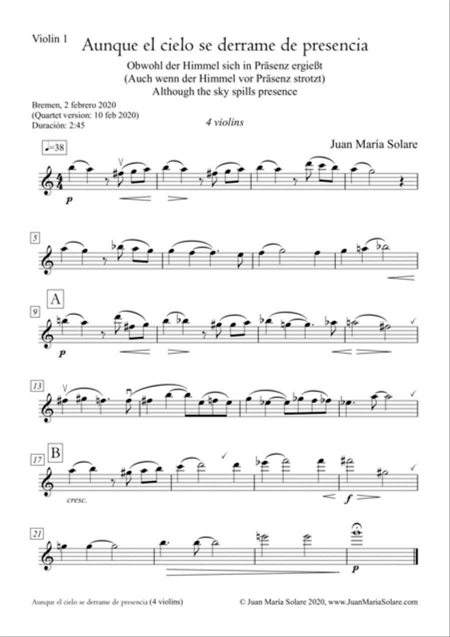 Aunque el cielo se derrame de presencia [4 violins] String Quartet scores gallery preview page 3