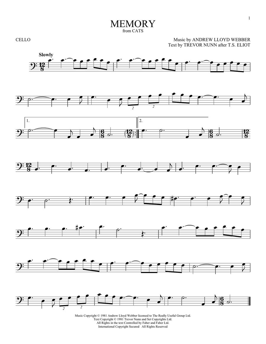 Memory (from Cats) Cello Solo scores gallery preview page 1