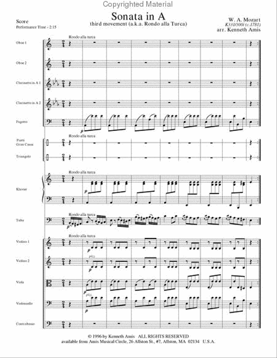 Piano Sonata in A (Third Movement --a.k.a. Turkish March) for tuba and chamber orchestra