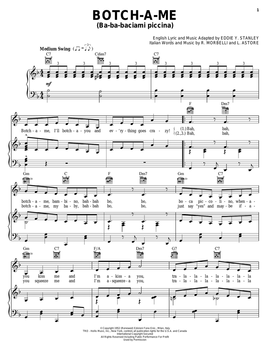 Botch-A-Me (Ba-Ba-Baciami Piccina) Piano, Vocal, Guitar scores gallery preview page 1