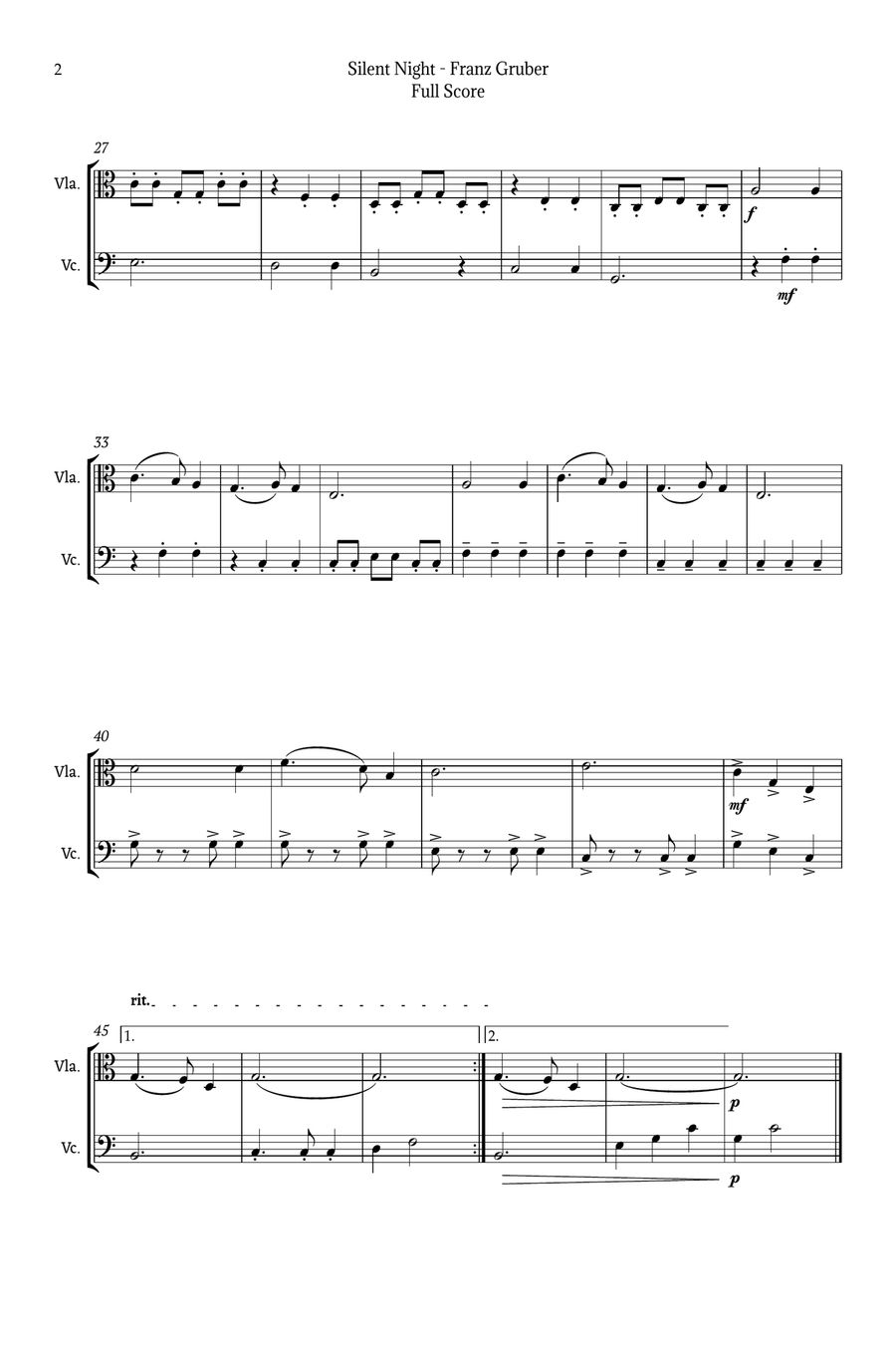 Silent Night for Viola and Cello Duet String Duet scores gallery preview page 2