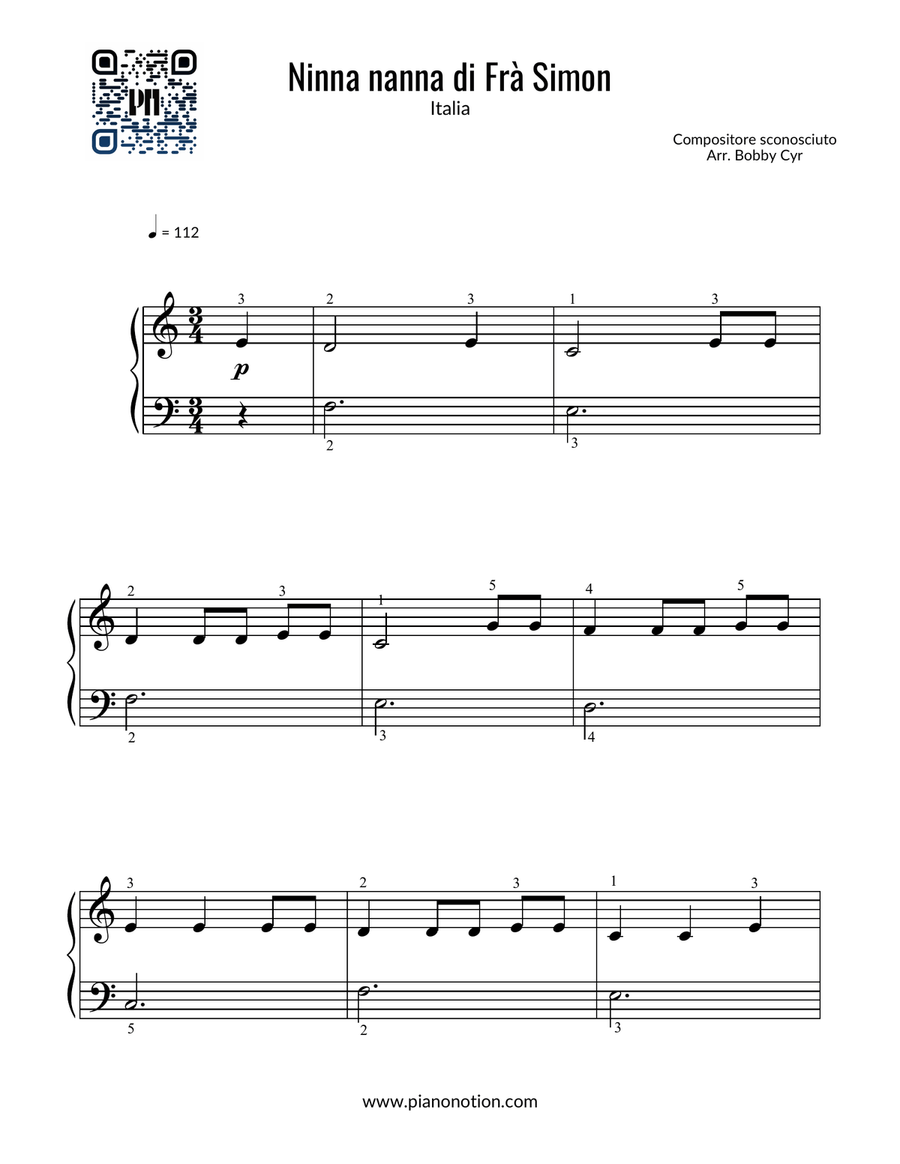 Ninna Nanna di Frà Simon - Filastrocche (pianoforte facile) Easy Piano scores gallery preview page 1