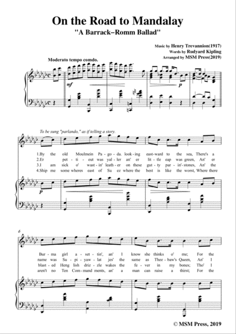Henry Trevannion-On the Road to Mandalay,in G flat Major,for Voice&Piano Voice scores gallery preview page 3