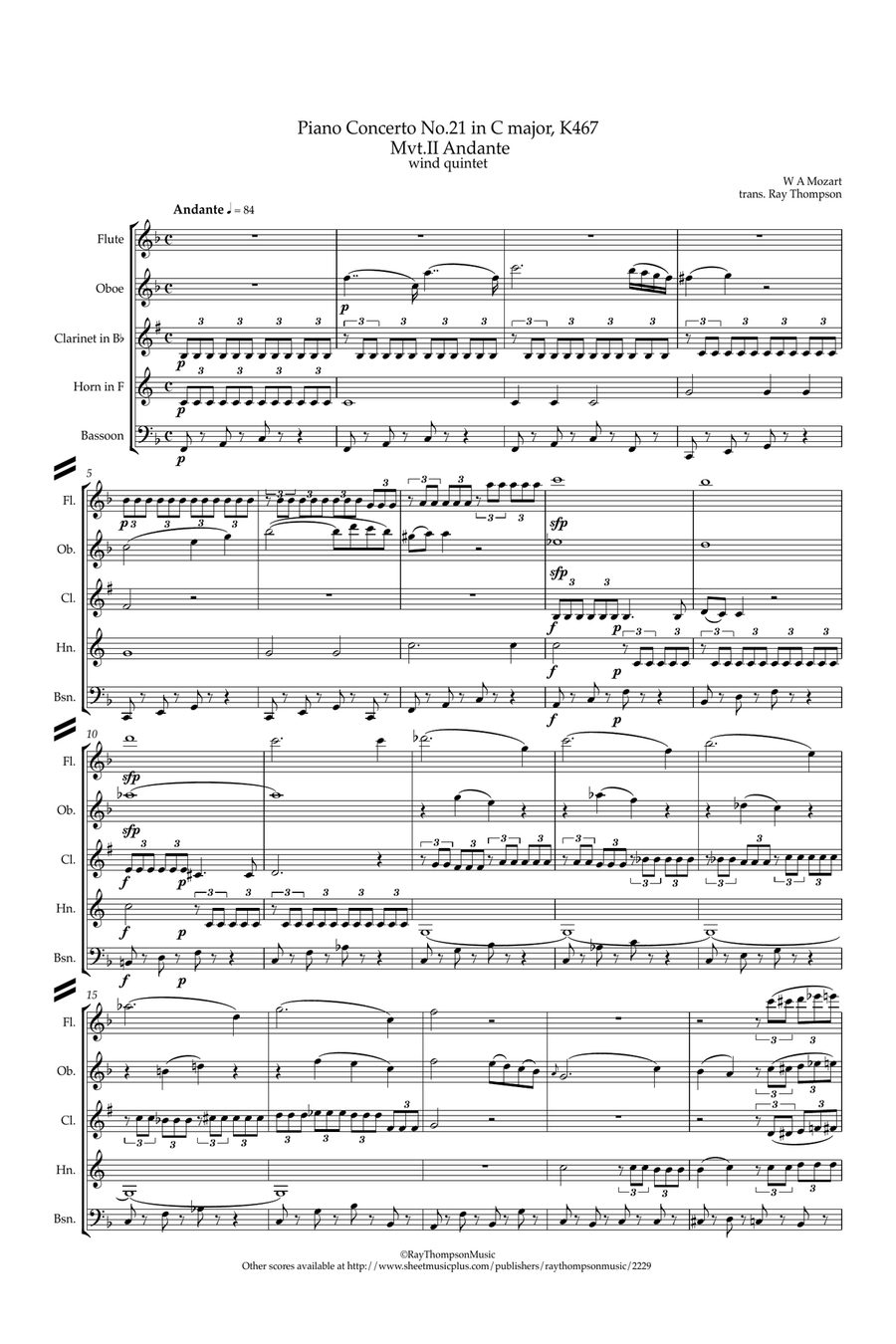 Mozart: Piano Concerto No.21 in C “Elvira Madigan” K467 Mvt.II Andante - wind quintet Woodwind Quintet scores gallery preview page 1