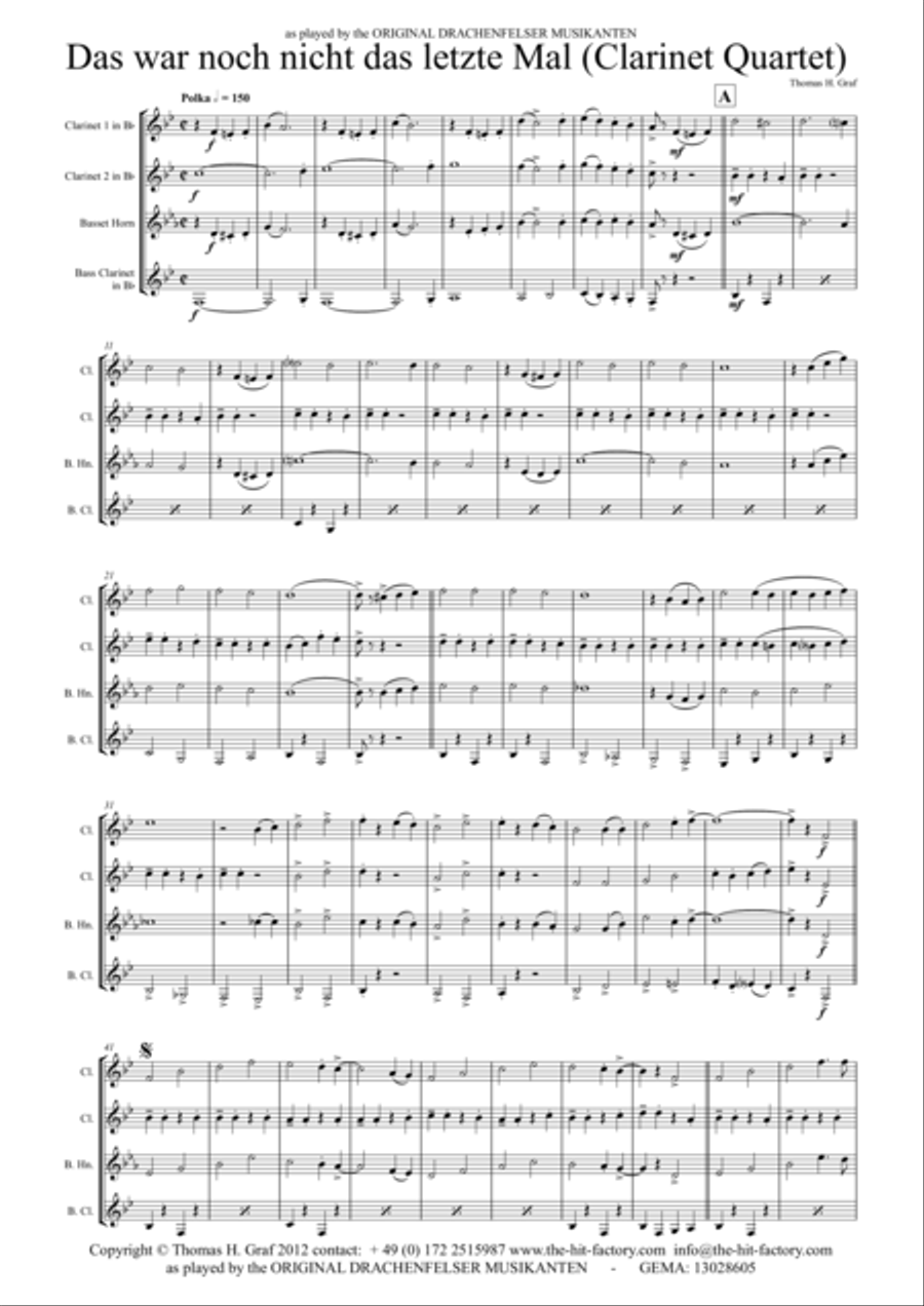 Das war noch nicht das letzte mal - German Polka - Oktoberfest - Clarinet Quartet Clarinet Quartet scores gallery preview page 1