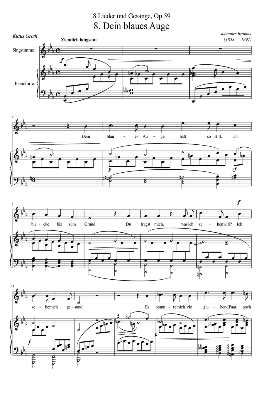 Brahms - 8 Lieder and Songs, Op.59, No.8 - Dein blaues Auge - Original for Vocal and Piano Piano, Vocal scores gallery preview page 1