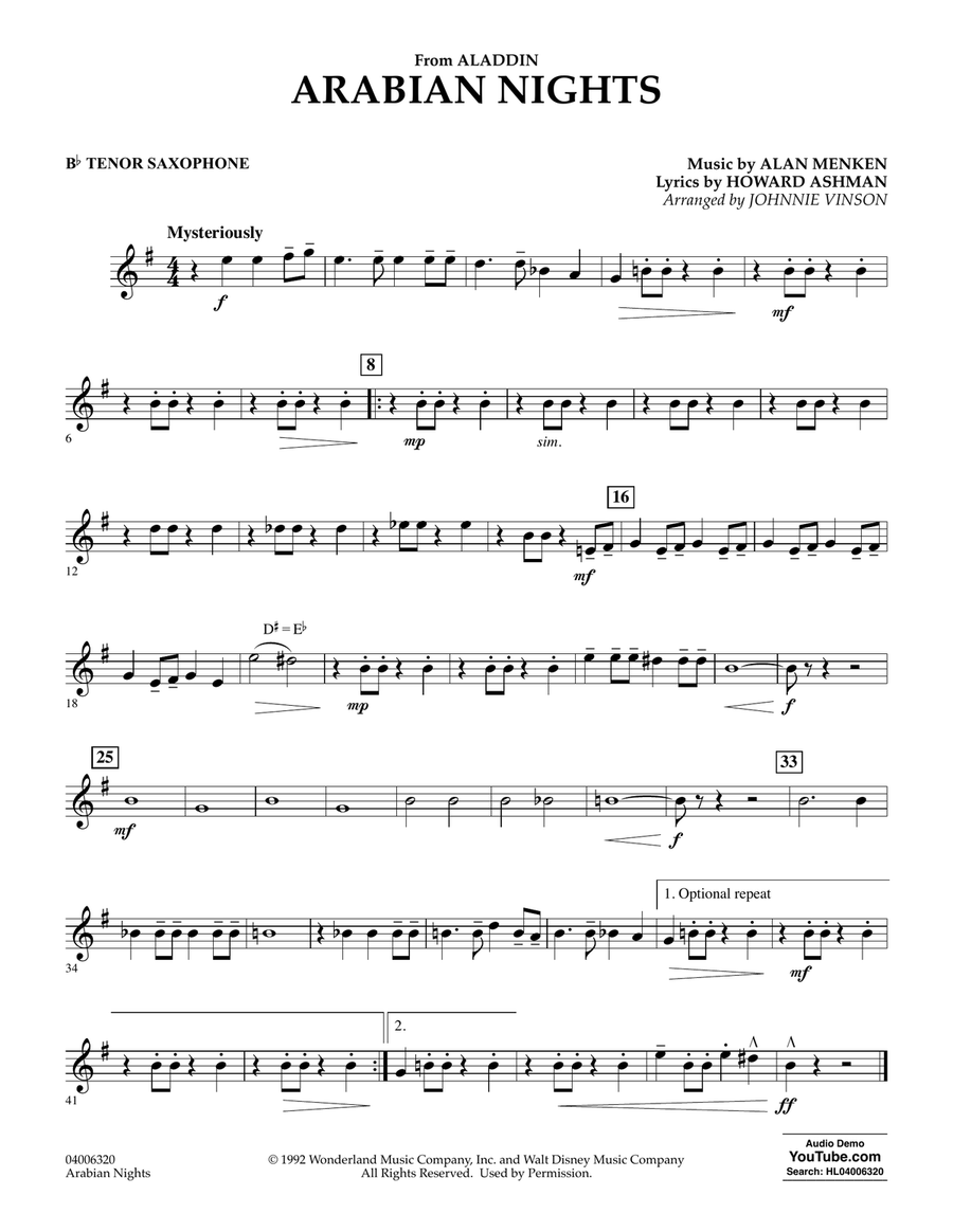 Arabian Nights (from Disney's Aladdin) (arr. Johnnie Vinson) - Bb Tenor Saxophone Concert Band scores gallery preview page 1
