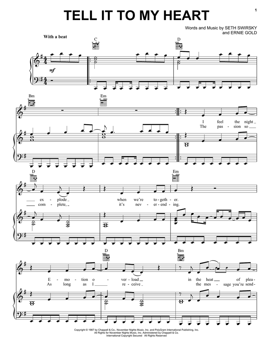 Tell It To My Heart Piano, Vocal, Guitar scores gallery preview page 1