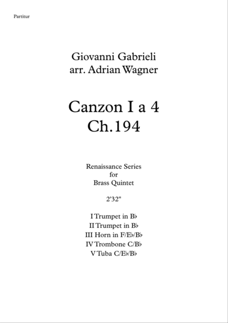 Canzon I a 4 Ch.194 (Giovanni Gabrieli) Brass Quintet arr. Adrian Wagner Brass Quintet scores gallery preview page 2