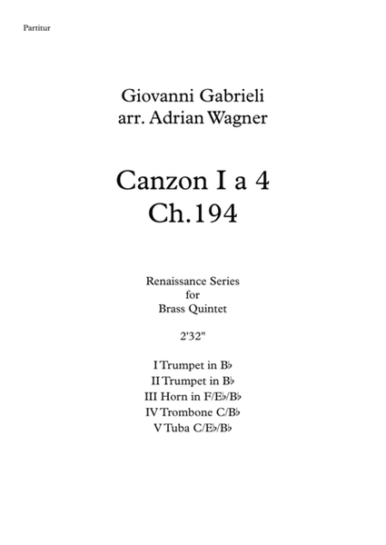 Canzon I a 4 Ch.194 (Giovanni Gabrieli) Brass Quintet arr. Adrian Wagner image number null