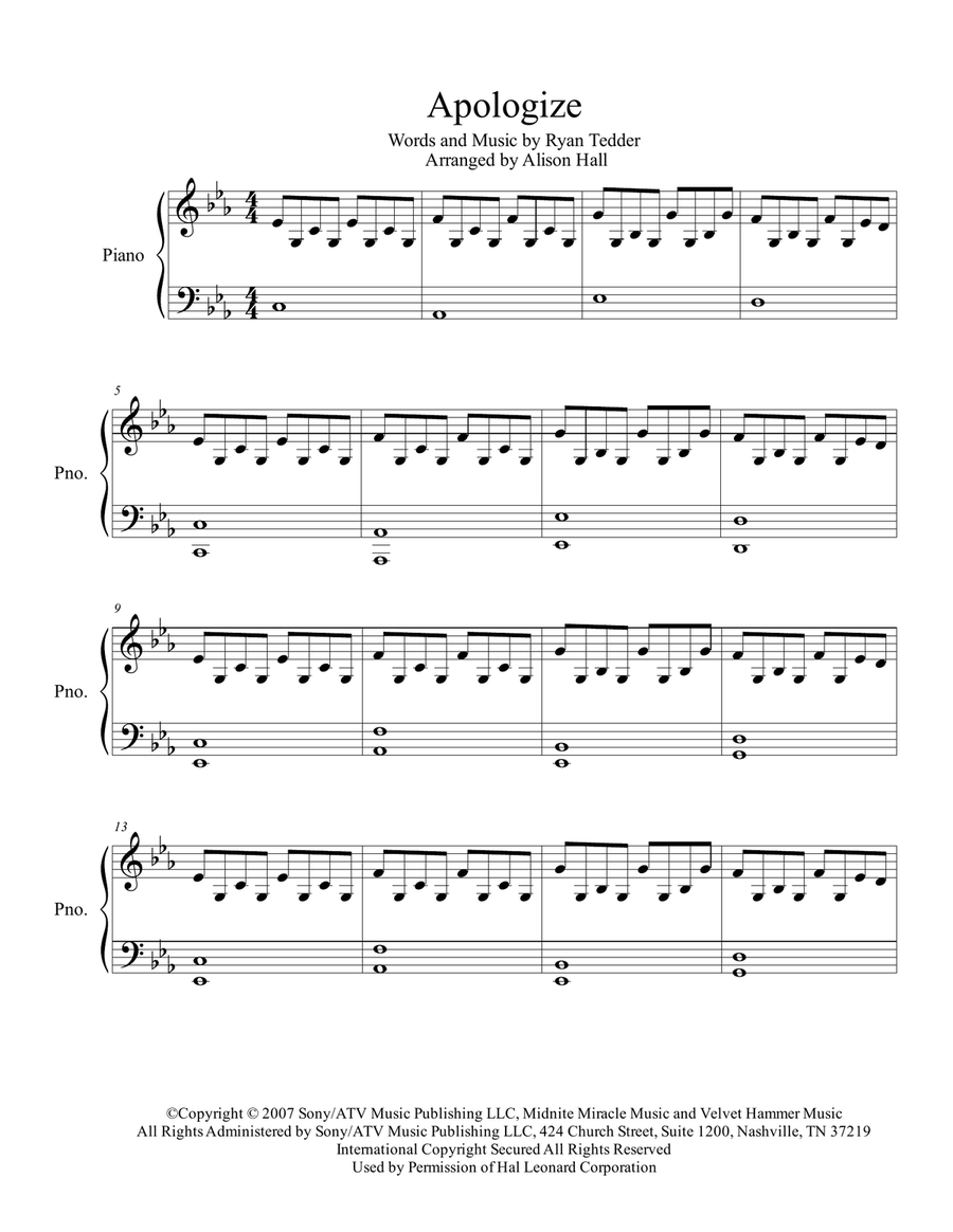 Apologize Easy Piano scores gallery preview page 1