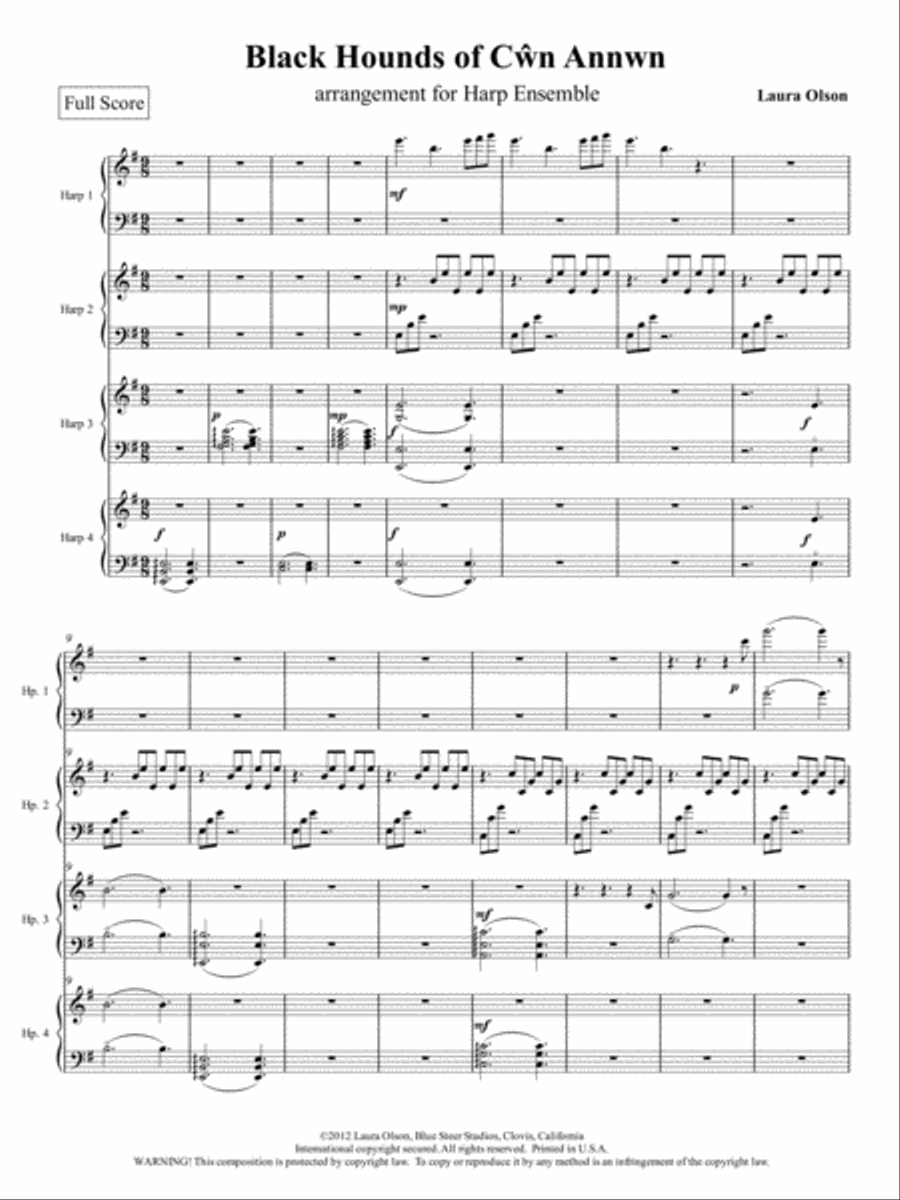 Black Hounds of Cŵn Annwn for Harp Ensemble (E minor)-Score only Harp scores gallery preview page 2