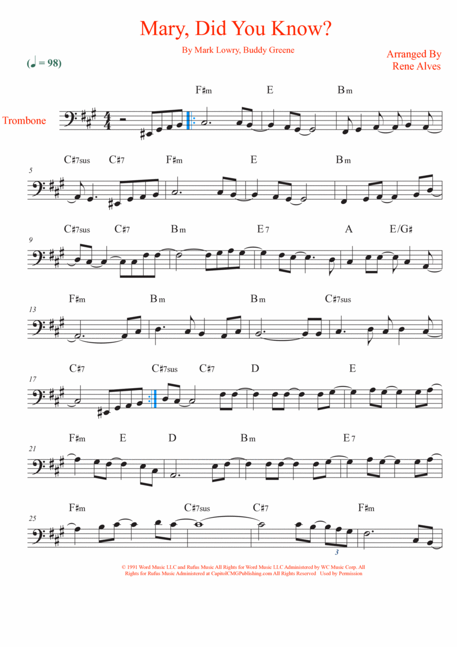 Mary, Did You Know? Trombone Solo scores gallery preview page 1