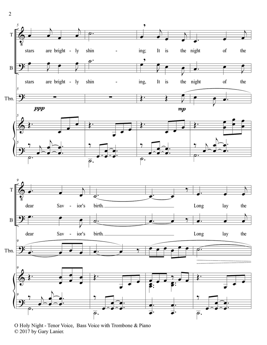 O HOLY NIGHT (Duet - Tenor Voice, Bass Voice with Trombone & Piano - Score & Parts included) Trombone Duet scores gallery preview page 3