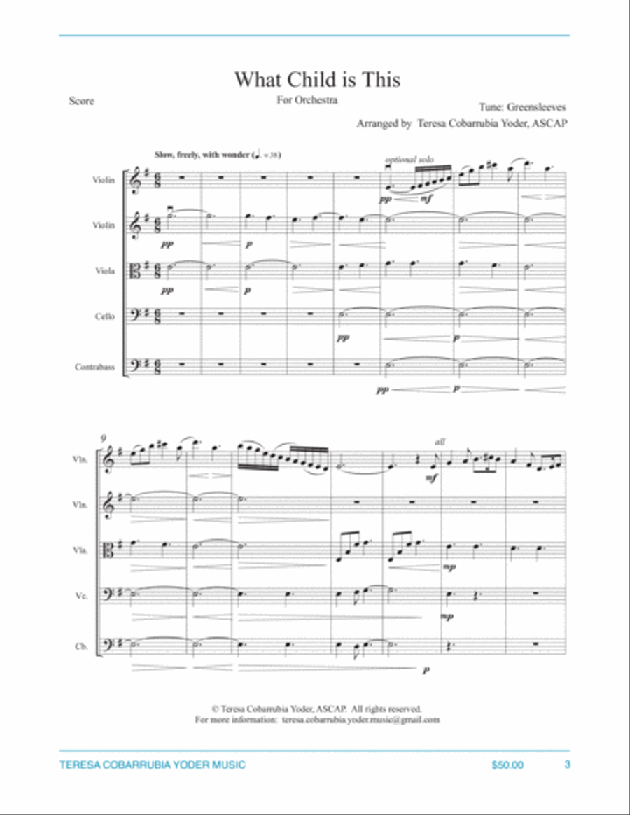 What Child is This - Greensleeves, String Orchestra arranged by Teresa Cobarrubia Yoder, ASCAP String Orchestra scores gallery preview page 3