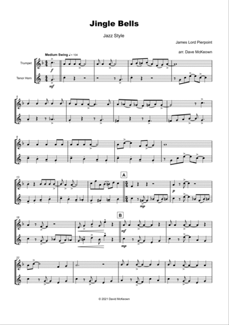 Jingle Bells, Jazz Style, for Trumpet and Tenor Horn Duet Brass Duet scores gallery preview page 2