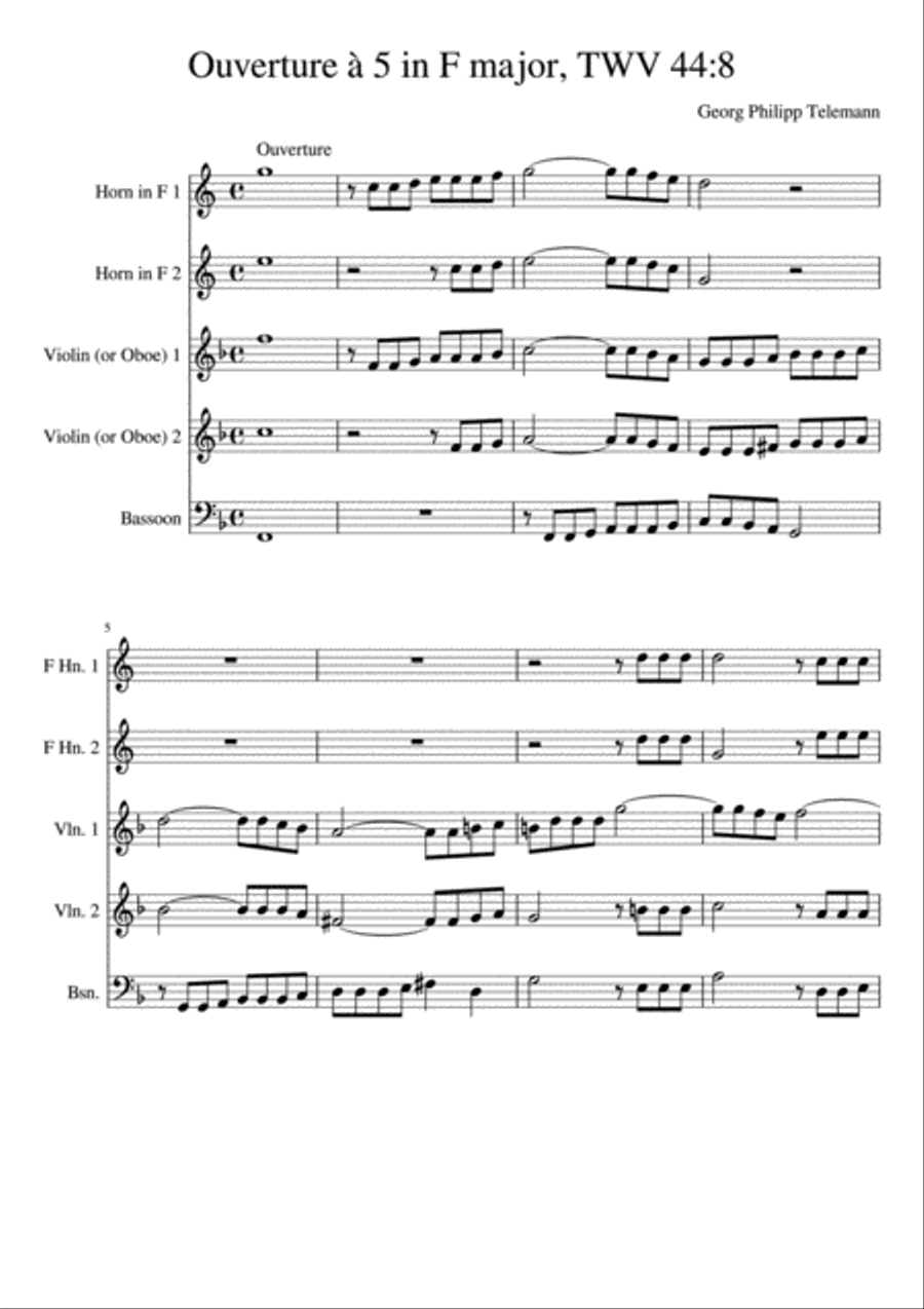 Ouverture à 5 in F major, TWV 44:8 Complete Score with Parts Small Ensemble scores gallery preview page 1