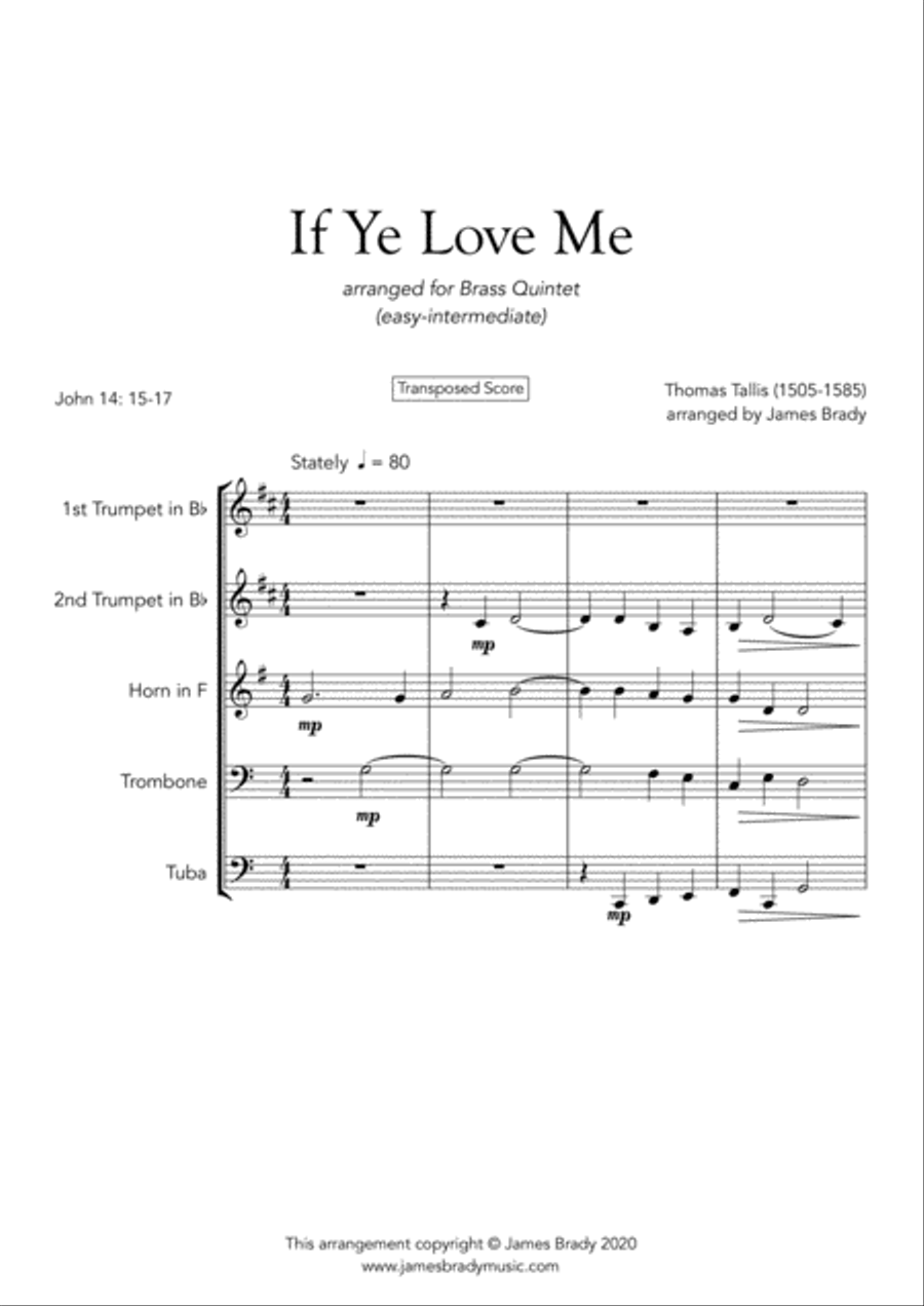 If Ye Love Me, by Thomas Tallis - easy Brass Quintet arrangement Brass Quintet scores gallery preview page 1