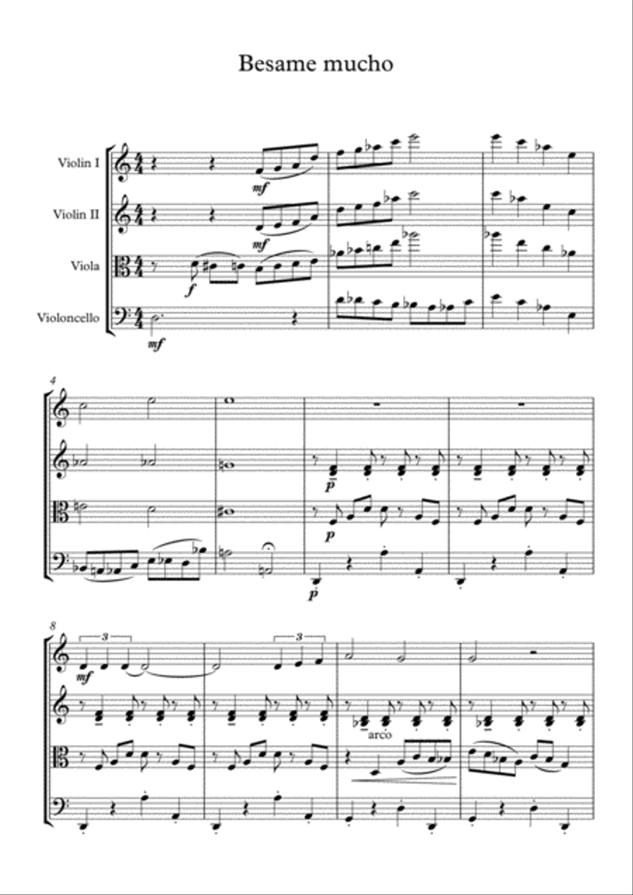 Besame Mucho (Kiss Me Much) String Quartet scores gallery preview page 1