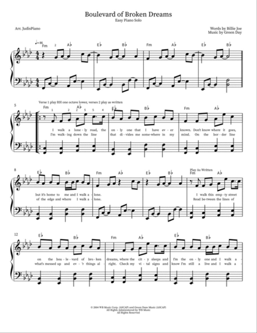 Boulevard Of Broken Dreams Easy Piano scores gallery preview page 2
