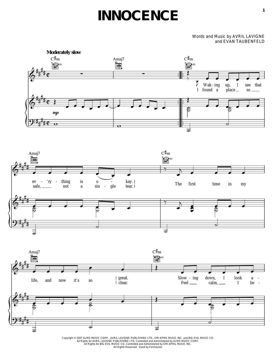 Innocence Piano, Vocal, Guitar scores gallery preview page 1