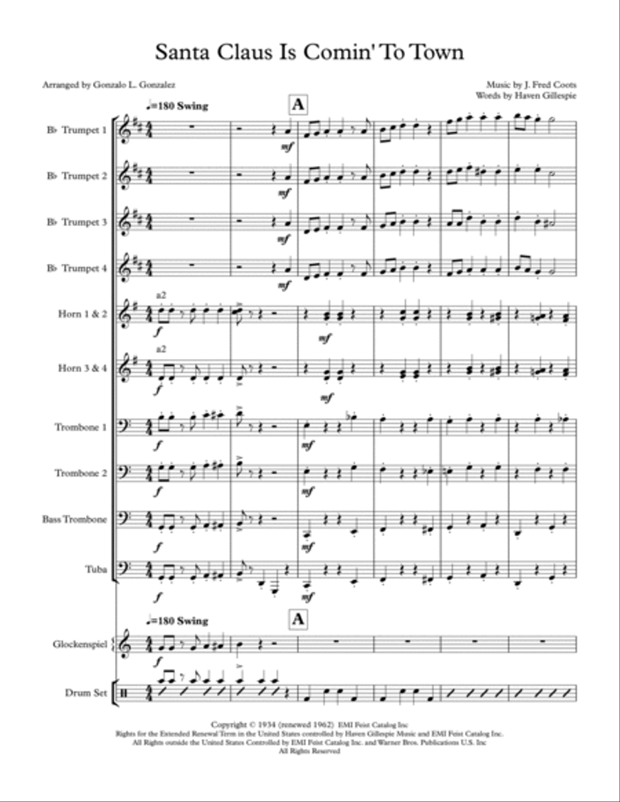 Santa Claus Is Comin' To Town Brass Ensemble scores gallery preview page 2